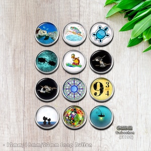 Può includere: Dodici bottoni a pressione da 12 mm, 18 mm e 20 mm con vari design. I design includono una tartaruga, una rana, una finestra a vetri colorati, un numero 9 e 3/4, una lampadina, una coppia di tartarughe, una coppia di uccelli e una coppia di gatti. I bottoni sono argentati con una parte superiore in vetro trasparente.