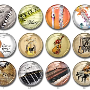 Muziekinstrumenten cabochon, gitaar piano fluit drukknop, 10 mm 12 mm 14 mm 16 mm 18 mm 20 mm 25 mm 30 mm 35 mm 40 mm glazen koepel (FJ910)