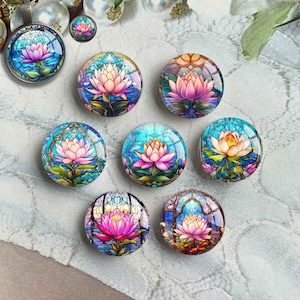 ルトゥス カボション、花のイメージ ガラス ドーム、ステンド グラス ピクチャー カメオ、10 mm 12 mm 14 mm 16 mm 18 mm 20 mm 25 mm 30 mm 35 mm 40 mm ガラス チャーム (FJ3847)