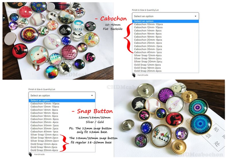 May include: A collection of cabochons and snap buttons in various sizes and designs. The cabochons range from 10mm to 40mm and feature flat backs. The snap buttons are available in silver and gold finishes, with sizes from 12mm to 20mm.