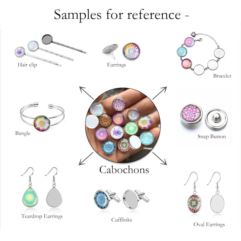 May include: A variety of jewelry and accessories are displayed, including hair clips, earrings, a bracelet, a bangle, cabochons, a snap button, teardrop earrings, cufflinks, and oval earrings. The items feature colorful, patterned designs. The text "Samples for reference" is at the top.