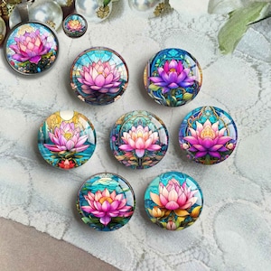 ロータス カボション、花のイメージ ガラス ドーム、ステンド グラス ピクチャー カメオ、10 mm 12 mm 14 mm 16 mm 18 mm 20 mm 25 mm 30 mm 35 mm 40 m DIY チャーム (FJ3815)
