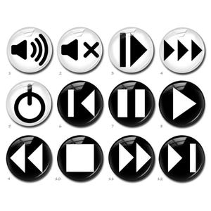 May include: A set of twelve circular buttons featuring black and white media control icons. The top row displays volume, mute, next track, and fast forward symbols. The bottom rows include power, skip back, pause, play, rewind, stop, and fast forward.
