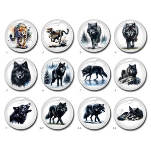 May include: A collection of twelve round glass cabochons featuring wildlife illustrations. The designs include a cheetah, various black wolves in different poses, and a wolf howling. The artwork is detailed with watercolor-style effects.