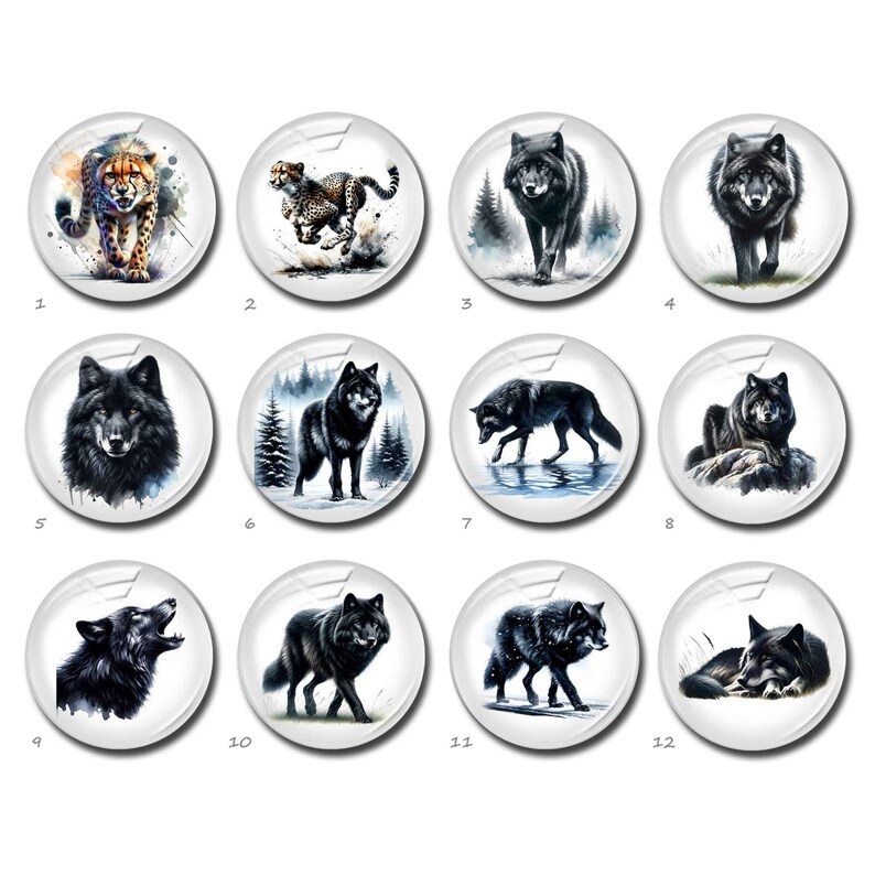 May include: A collection of twelve round glass cabochons featuring wildlife illustrations. The designs include a cheetah, various black wolves in different poses, and a wolf howling. The artwork is detailed with watercolor-style effects.