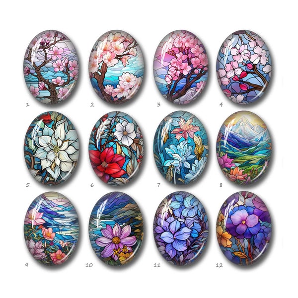Floral Oval Cabochon,Sakura Teardrop Glass Dome, 10x14mm\13x18mm\18x25mm\20x30mm\30x40mm\40x50mm Flower Image Glass Cameo-FJ3824