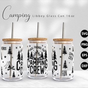 Fires Friends Fun Camping Crew SVG | Envoltório de lata de vidro para acampamento Svg - Happy Camper Svg, design de lata de vidro para fogueira 16oz ao ar livre Libbey Wrap Svg