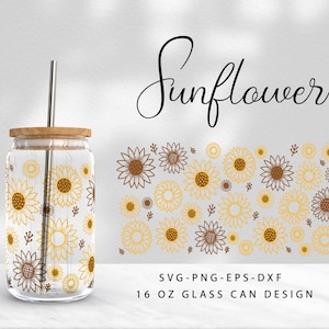 16 Oz Libbey Glass Can Wrap | Arquivos de girassol para Cricut e Silhouette Camo, Flower Svg, Sunflower Seamless Wrap, Sunflower Png