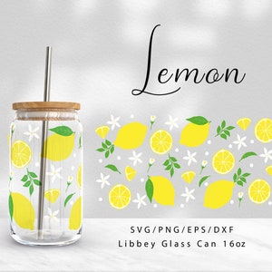 16oz Libbey Glass Can Wrap | Arquivos de vidro Libbey Lemon para Cricut e Silhouette Camo, Padrão de limão, Fruit Svg, Lemon Pun Svg, Zesty Png