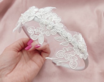 Beautiful Wedding Lace Flowers Hairband | Bride White Headband | Elegant Hairband | Wedding White Hair Pearl Band | Hair Accessories