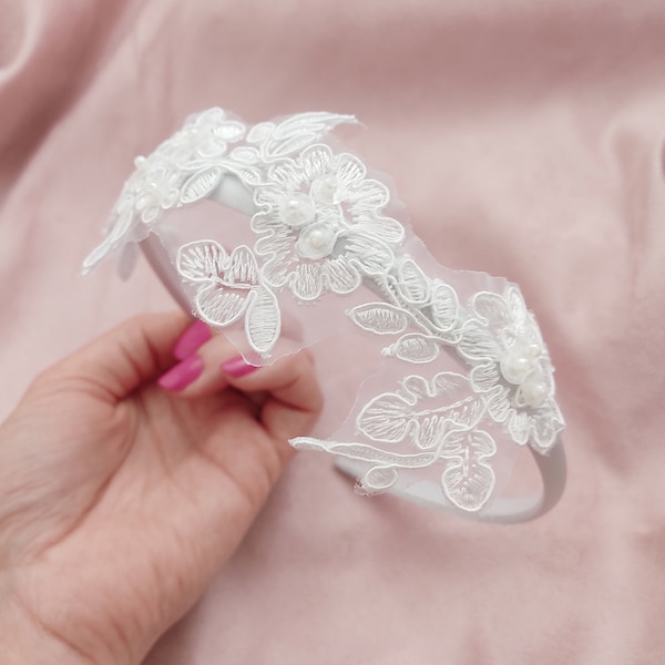 Beautiful Wedding Lace Flowers Hairband | Bride White Headband | Elegant Hairband | Wedding White Hair Pearl Band | Hair Accessories