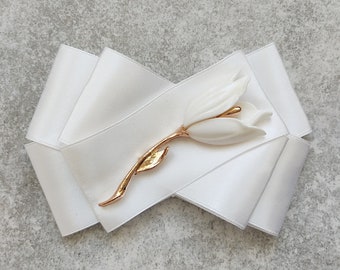 Ivory Flower Gold Brooch | Handmade Original Brooch | Satin Brooch | Elegant Brooch | Luxurious Brooch | Jewelry Brooch | Accessories