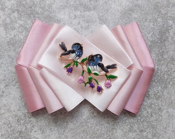 pink brooch with birds on a twig | brooch | women satin brooch | elegant brooch | jewelry bow tie for woman | gift | jewelry brooch