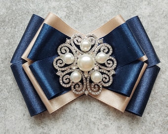 Gorgeous Beige Vintage Brooch | Women Satin Brooch | Pearl Brooch | Luxurious Brooch | Jewelry Bow Tie For Woman | Jewelry Brooch | Navy