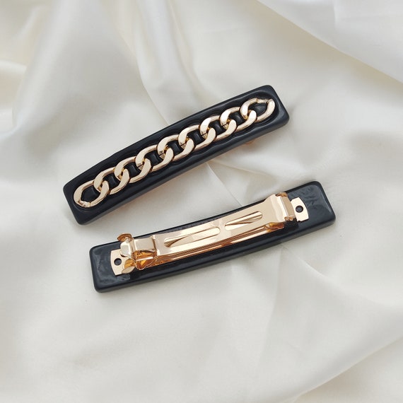 Luxurious Chain Black and Gold Barrette | Women Metal Alloy 
