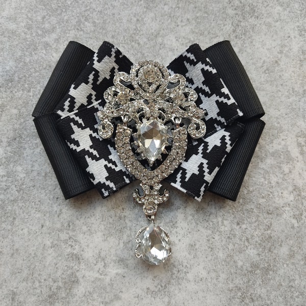 Broche Glamour Noire | Broche Satin Femme | Broche pied-de-poule | Broche luxueuse | Noeud Papillon Satin Bijoux Noir & Argent Pour Femme