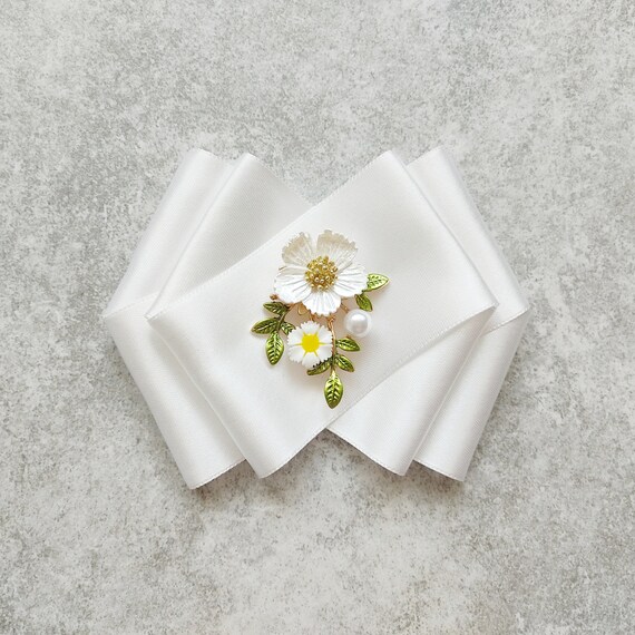 Elegant Floral Brooch with Satin Ribbon Handmade Mulberry Silk Brooch, Artisan Lily of Valley Pin  main image 3