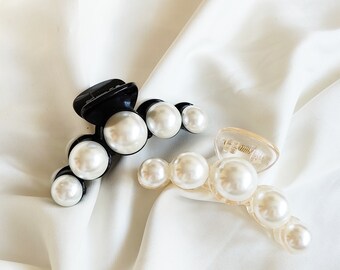 Large Black & Beige Hair Claw | Women Hair Clip With Pearls  display picture 3