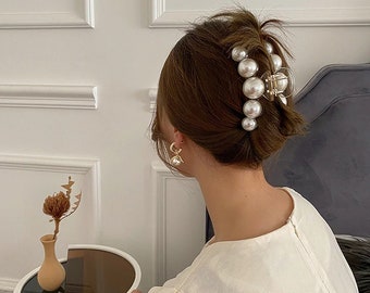 Grande artiglio per capelli nero e beige | Fermaglio per capelli da donna con perle | Fermaglio per capelli francese elegante ed elegante |