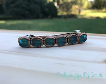 Mini Turquoise blue and gold hair barrette, blue and gold hair barrette, blue barrette, gold barrette, hair accessory, blue hair clip, clip