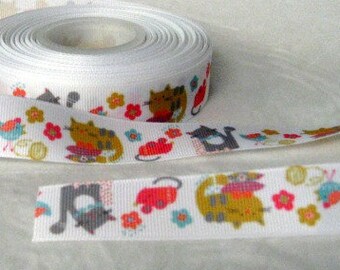Cat Grosgrain Ribbon, Kittens, Bluebirds, Flowers Print, 7/8"