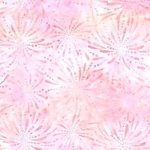 Puede incluir: Una tela con un patrón repetitivo de explosiones florales estilizadas en tonos rosa y blanco. El diseño presenta líneas radiantes y pequeños acentos de puntos, creando una apariencia suave y texturizada. El efecto general es delicado y femenino.