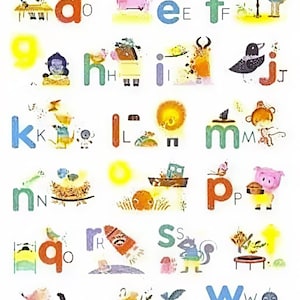 Könnte beinhalten: Ein farbenfrohes Alphabet-Poster mit skurrilen Illustrationen. Jeder Buchstabe ist mit einem passenden Bild versehen, wie ein Alligator für 'a' und ein Bär für 'b'. Die Kunstwerke sind lebendig und verspielt, perfekt für ein Kinderzimmer.