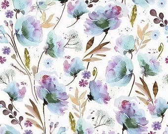 Blue Wild Poppies Cotton Fabric, Watercolor Floral Print, Quilting Supplies (by the Half Yard)