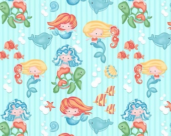 Tela de franela de algodón con estampado de sirenas, franela suave y cómoda, por medio metro, ideal para habitación infantil, patchwork, costura y mantas para bebés.