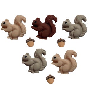 May include: Five squirrel-shaped embellishments in shades of light tan, brown, and grey. Each squirrel has a bushy tail and is accompanied by a small acorn. These decorative pieces are suitable for crafts and DIY projects.