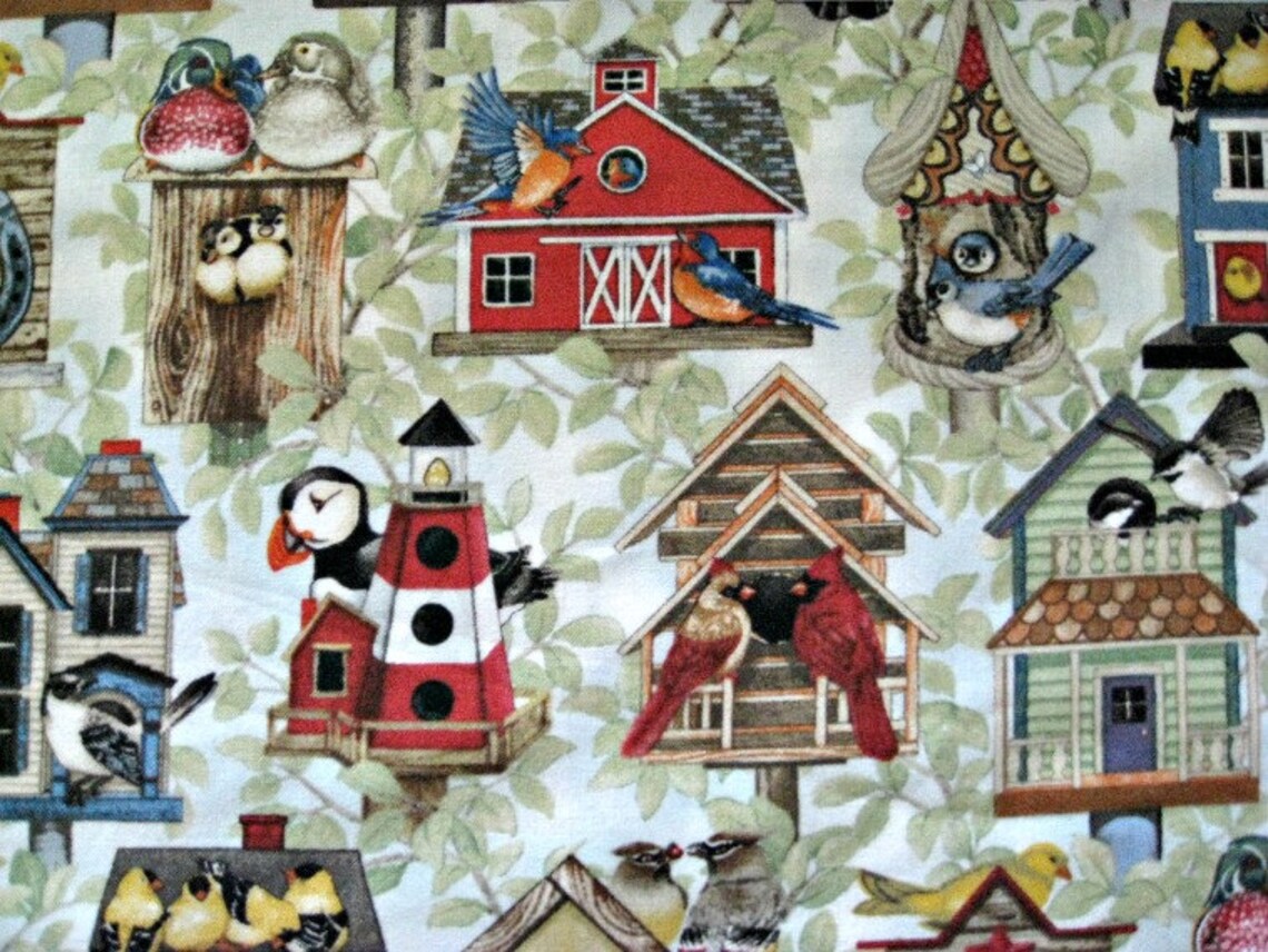 Birdhouse cotton fabric Elizabeth Studios by the yard Etsy