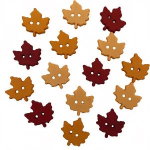 May include: A selection of leaf-shaped buttons in shades of orange, tan, and burgundy. Each button has two holes for sewing. These decorative buttons are ideal for autumn-themed crafts and sewing projects.
