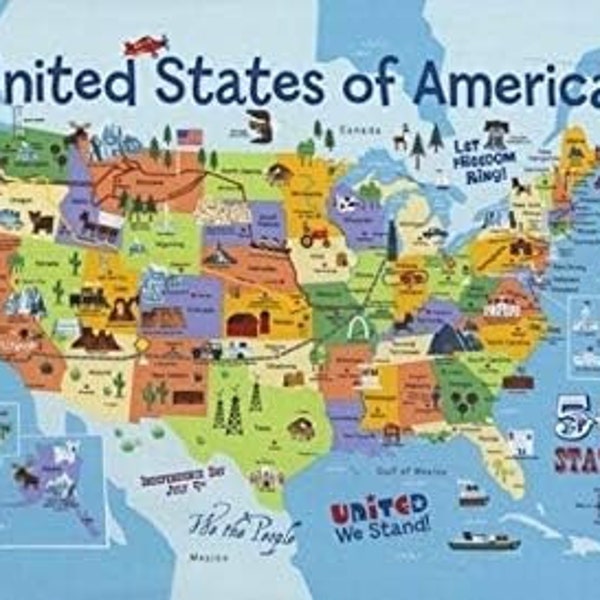 Cartoon Style USA United States of America Map Fabric Panel Timeless Treasures, Rare find