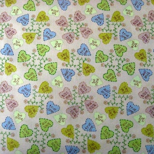 Sale- Pink Sweet Heart Quilt Cotton, Candy Hearts pink background, by the yard
