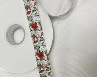 Poinsettia and Red Bird Ribbon, Printed  Grosgrain, by the yard,7/8", Embellishments, Hair Ribbons, Packaging