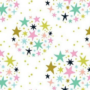 May include: White fabric with a repeating pattern of colorful stars in various sizes and colors, including gold, pink, teal, and black. The stars are arranged in circular clusters with small gold dots scattered across the background.