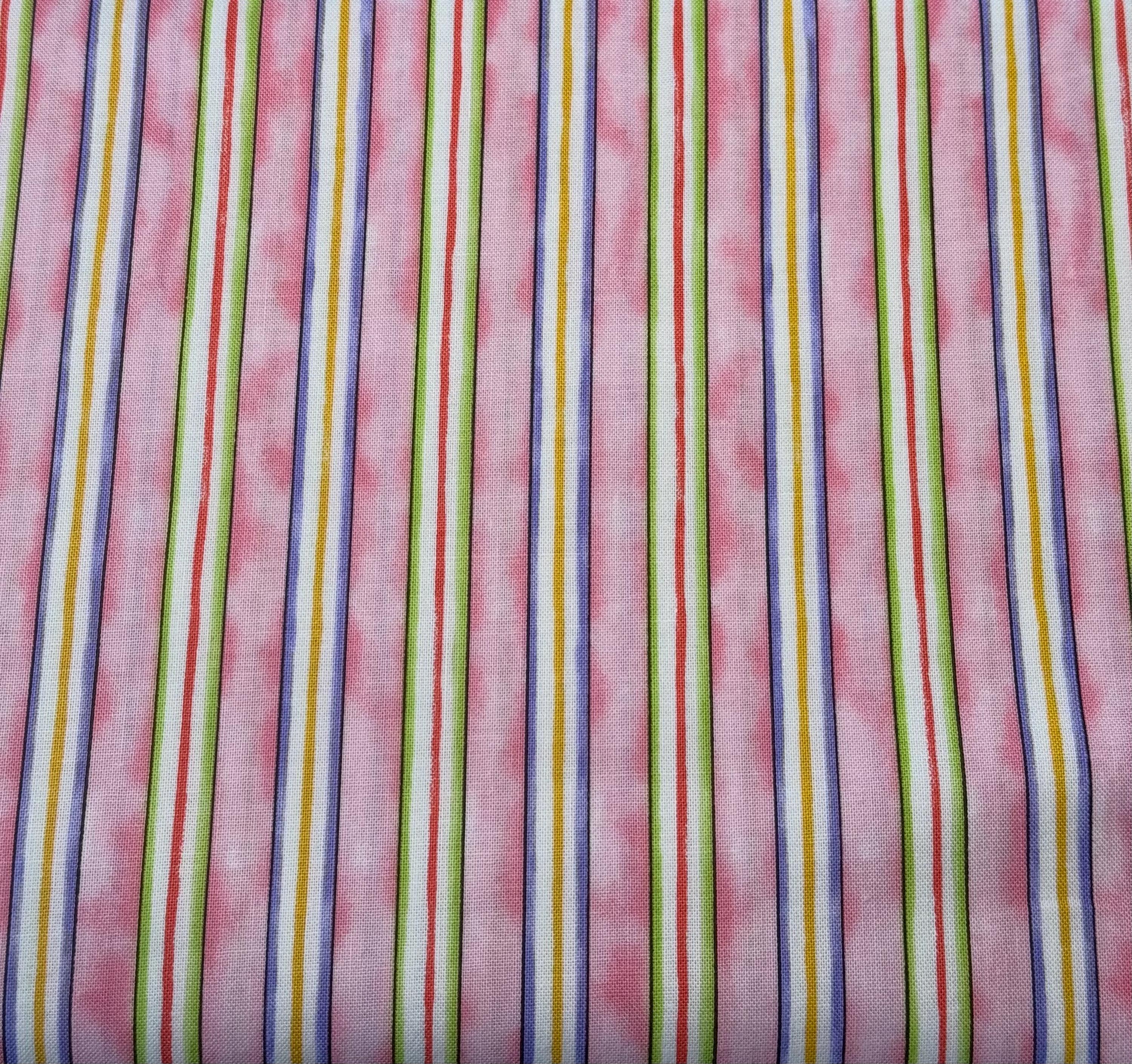 Pink Striped Cotton Fabric, Purple Green White Stripes, Quilting 