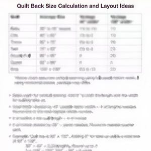 May include: A printed document from Dragonfly Fiberart with the title "QUILT BACKS." It includes a table detailing quilt back size calculations and layout ideas. The document features a dragonfly logo and text in a clear, readable font.