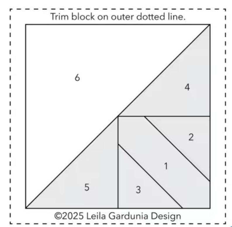 Puede incluir: Diagrama de un dise&ntilde;o de bloque de edred&oacute;n con secciones numeradas y el texto "Trim block on outer dotted line." El dise&ntilde;o incluye un tri&aacute;ngulo grande, tri&aacute;ngulos m&aacute;s peque&ntilde;os y rect&aacute;ngulos. El aviso de copyright "&copy;2025 Leila Gardunia Design" est&aacute; en la parte inferior.