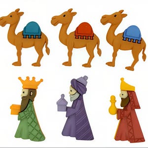 May include: A set of decorative figurines. The image shows three camels with colourful saddles and three wise men. The camels are tan with blue, orange, and blue saddles. The wise men are in green, purple, and red robes, holding gifts.