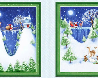 Christmas Panel, Christmas Village Quilt Panel, Santa, Deer, Snow, Mini Panels