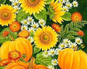 Paneel katoenen stof Sunshine Harvest: pompoen-zonnebloemprint (24 x 43 inch)