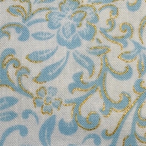 Blue Floral Cotton Fabric- Dreamy / Metallic - Benartex - By the Half Yard,Continuous Cuts, Home Decor ,Quilting , sewing, crafting supplies
