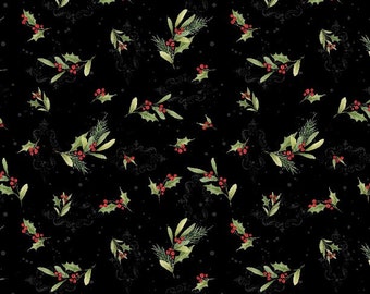 Holly Leaves on Black cotton fabric , Christmas Holly, Wilmington Prints, by the yard