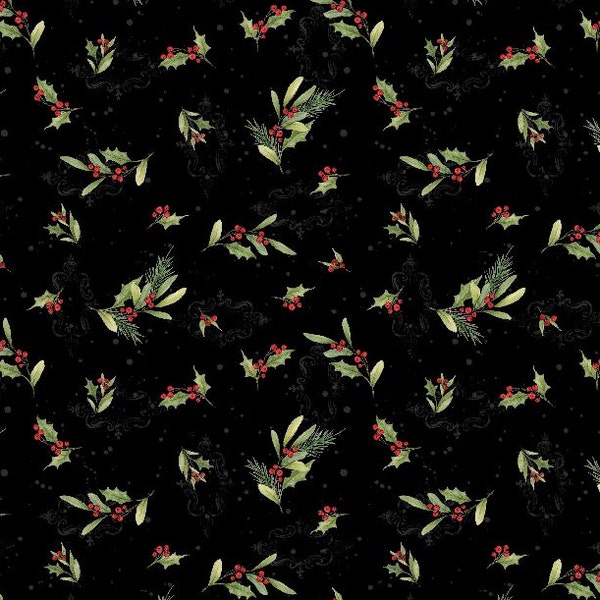 Holly Leaves on Black cotton fabric , Christmas Holly, Wilmington Prints, by the yard