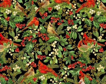 Black Cardinal On Branches w/Metallic - Timeless Treasures 100% Cotton Fabric