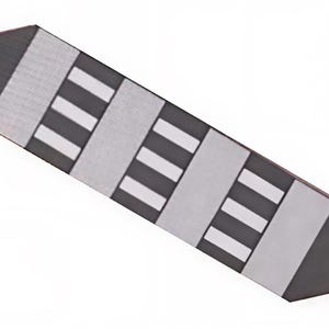 May include: A black and gray tie with a repeating pattern of white stripes and gray sections. The tie is angled, showing its pointed end. The design is symmetrical, with the stripes evenly spaced across the tie's length.
