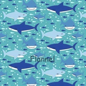Ocean Flannel Cotton Fabric- Blue Swimming Shark ,by the HALF YARD , Continuous Cuts, Home Decor ,Quilting , sewing, crafting supplies