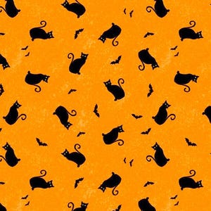 Halloween Cat Cotton Fabric, Orange- Halloween Novelty  Wilmington Prints ,by the HALF YARD, Continuous Cuts, Home Decor ,Quilting , sewing,