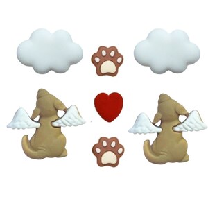 Può includere: Set di sei bottoni in feltro colorati con un cane con le ali, un cuore, una nuvola e due impronte di zampa. I bottoni sono perfetti per aggiungere un tocco di fantasia a lavoretti e progetti.
